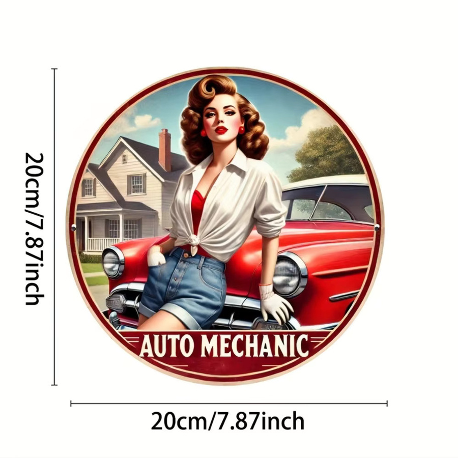 HELLOYOUNG Retro-Automechaniker Aluminiumschild Rund, Metall-Dekor-Poster in Multicolour, Durchmesser: 20 cm - Bild 2
