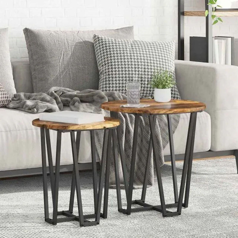 Vidaxl Beistelltisch 2er-Set im Industrial Design aus Holzwerkstoff und Metall in Eiche Braun und Schwarz mit runden Tischplatten - Bild 1