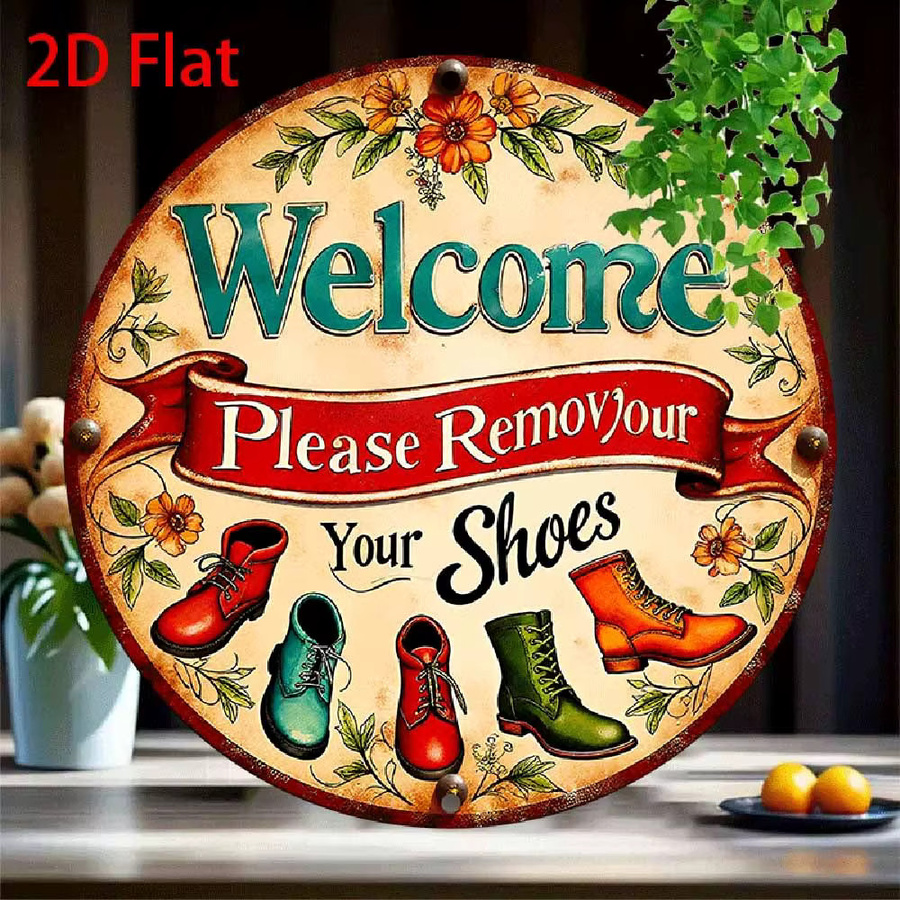 Retro Metallschild CIFBUY Willkommen bitte entfernen Sie Ihre Schuhe mit Blumenmuster, Wandkunst für rustikale Heimdekoration, B/H: 20,32 x 20,32 cm, Mehrfarbig - Bild 2