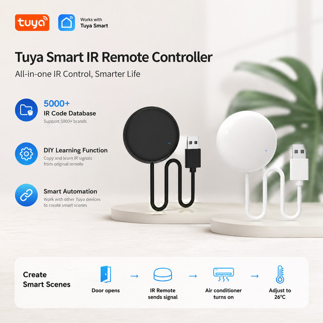 Tuya WiFi IR-Fernbedienung für Smart Home Automation, universelle Infrarot-Fernbedienung kompatibel mit Alexa und Google Home, erhältlich in Schwarz oder Weiß - Bild 1