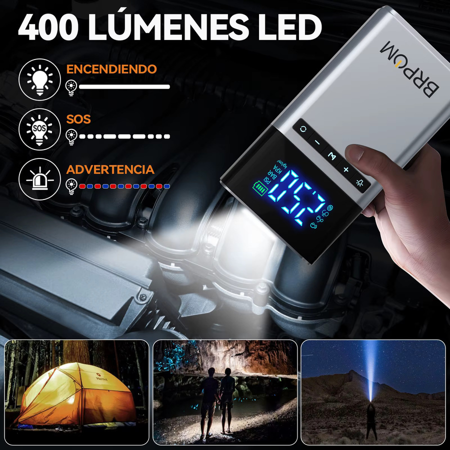 BRPOM Tragbarer Auto-Starter mit 26800mAh Akku, 6000A Starthilfe und 180 PSI Luftkompressor für 12V Autobatterien - Bild 2