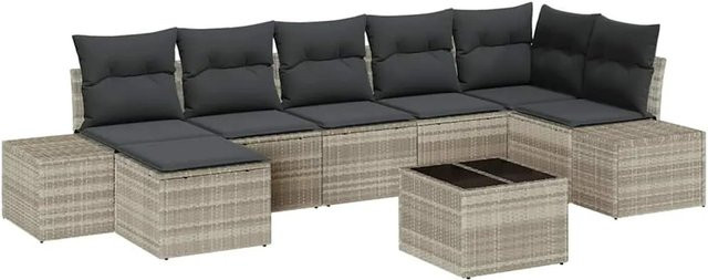 vidaXL Garten-Sofa-Set 8-teilig aus Poly-Rattan in Hellgrau mit Kissen und Tisch im L-Shape Design - Bild 1