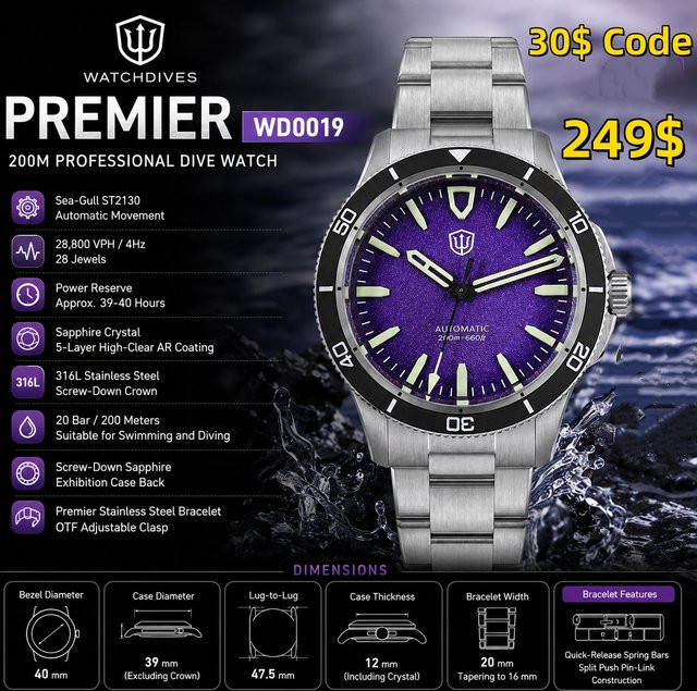 Watchdives Armbanduhr Automatik, Edelstahl, 39 mm, Keramik, Herren - Bild 1