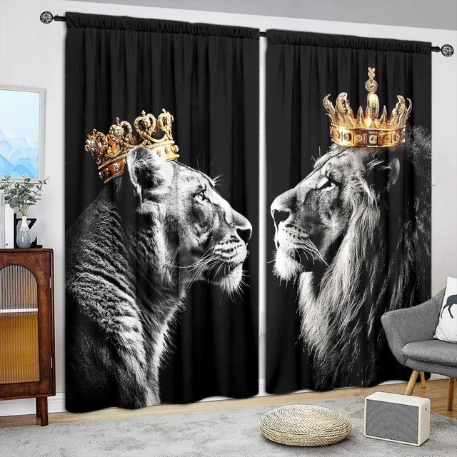 2er-Set Vorhang mit Kronenlöwen-Druck in Schwarz, halbtransparent, B: 107 cm, H: 213 cm - Bild 1