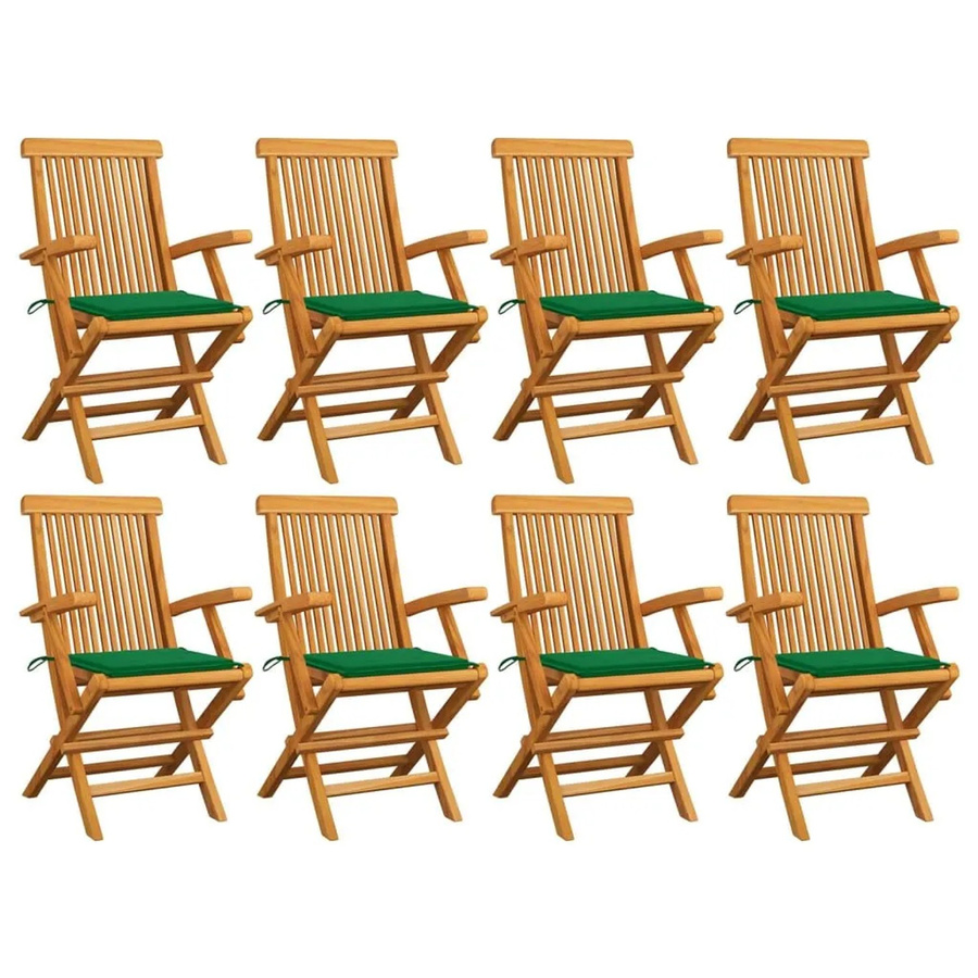 vidaXL Gartenstuhl-Set aus Teak-Massivholz mit grünen Polsterkissen, 8 Stück, stapelbar - Bild 2
