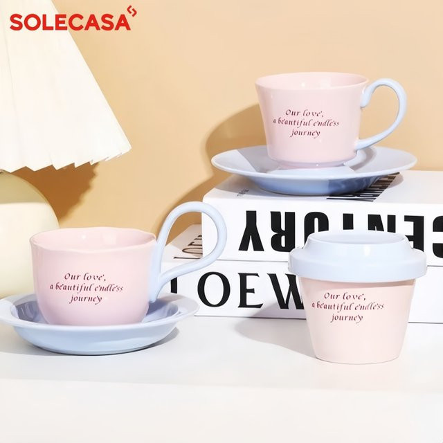 SOLECASA Keramik-Kaffeeservice Set mit Tasse und Untertasse, rosa und blau - Bild 1