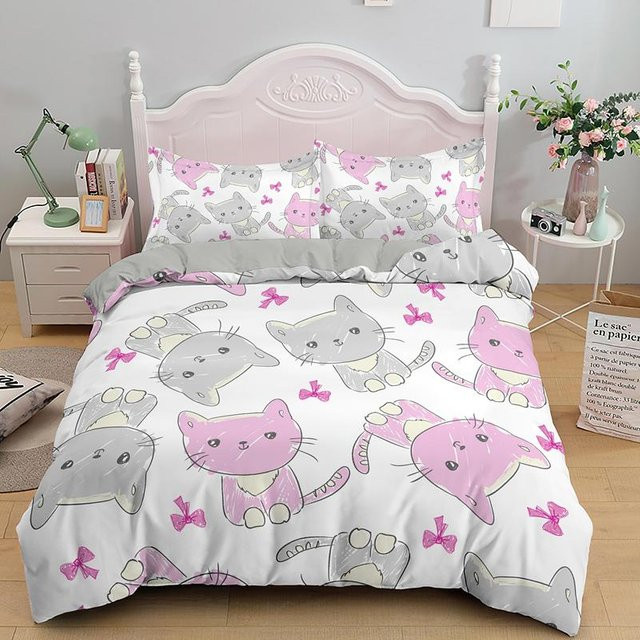 Bettwäsche Set mit niedlichem Katzen-Print für Kinder, 3-teilig, Weiß, B/H: 155 x 215 cm - Bild 1