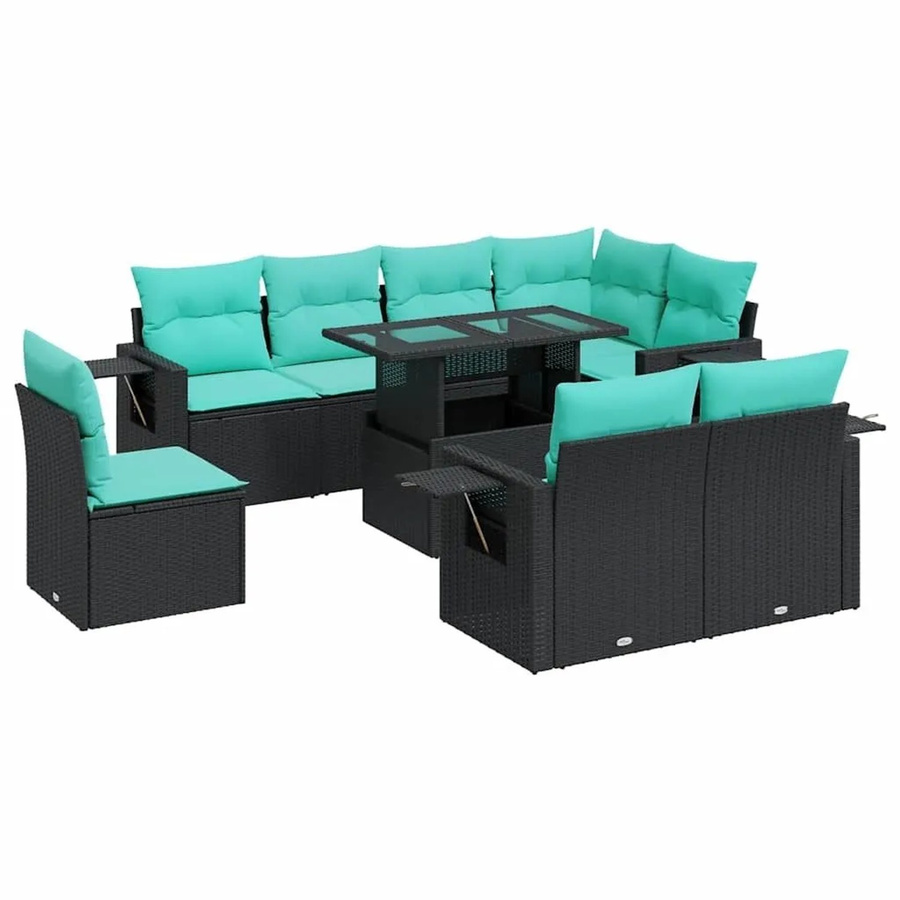 vidaXL 9-teilige Garten-Sofagarnitur in L-Form aus schwarzem Poly-Rattan mit Kissen und pulverbeschichtetem Stahlgestell - Bild 2
