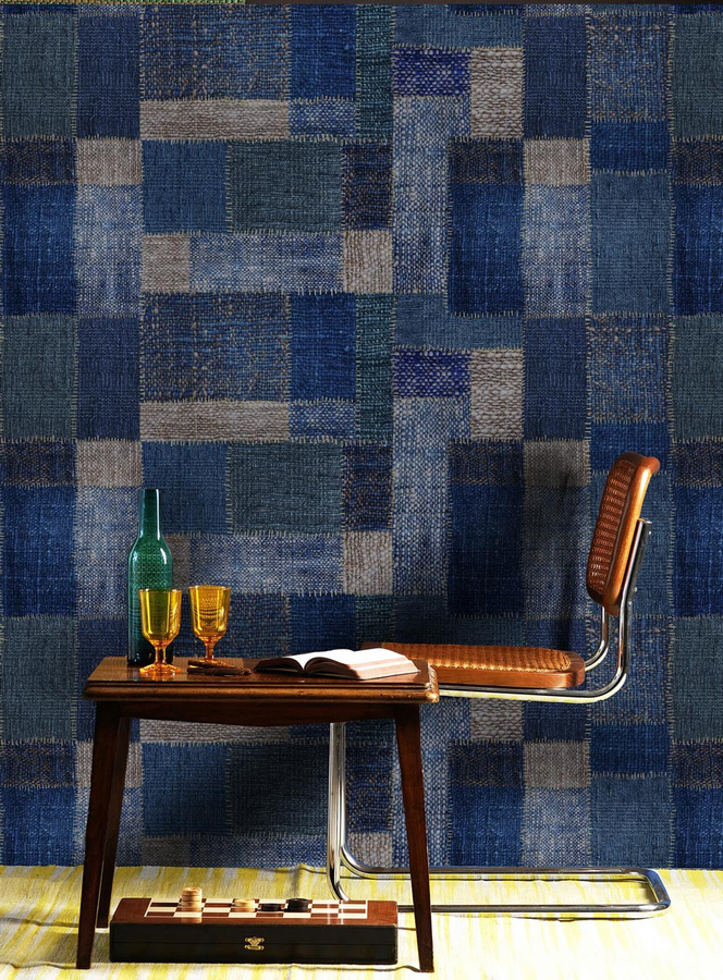 MINDTHEGAP Tapete Jute WP20206 in Blau und Grau mit abstraktem Mid-Century Design aus Vlies und Textil - Bild 1