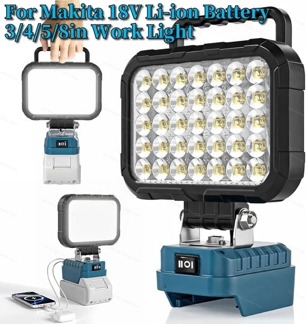 Makita LED Arbeitsleuchte und tragbare Laterne mit USB-Taschenlampe für 18V 21V Li-Ionen-Akkus, Schwarz - Bild 1