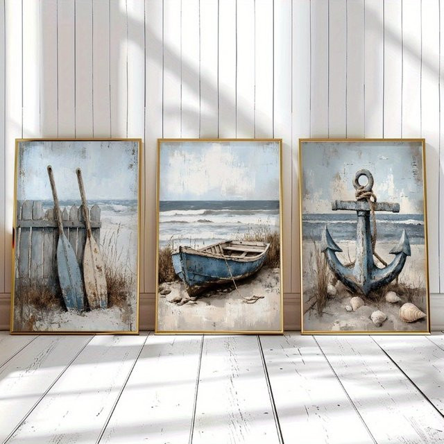3-teiliges Set Leinwand-Wandkunst von Potdemiel mit maritimem Ozeanmotiv in Blau und Weiß - Bild 1