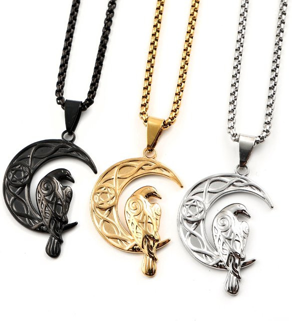 Lovely FAJA Halskette, Edelstahl, Keltischer Knoten, Rabe, Halbmond, Pentagramm, Unisex - Bild 1