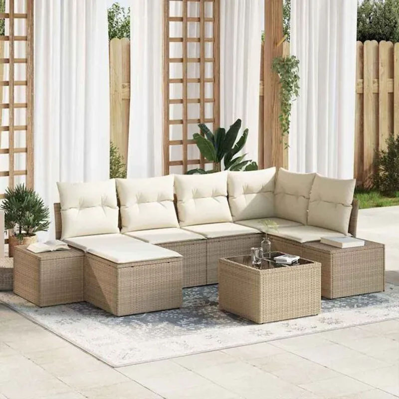 Vidaxl Garten-Sofa-Set aus 7 Teilen in Beige und Creme, modernes Polyrattan-Loungemöbel-Set mit Stahlgestell, B/T/H: 264 x 154 x 85 cm - Bild 1