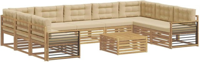 vidaXL Outdoor-Sofagarnitur 10-teilig aus Massivholz Akazie in Weiß und Beige mit U-Form und Polstern - Bild 1