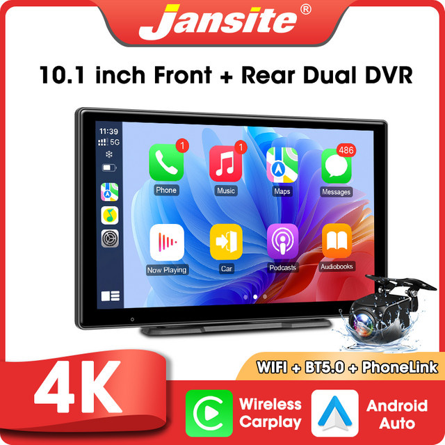 Jansite 10,1 Zoll Dashcam in 4K UHD mit kabellosem CarPlay und Android Auto, Rückfahrkamera und GPS-Navigation, Schwarz - Bild 1