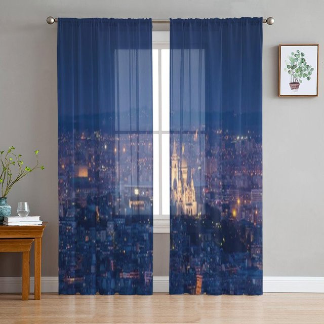 Super Six Transparente Chiffon Vorhänge mit Pariser Stadtbild Motiv in Grau und Blau, B: 135 cm, H: 114 cm - Bild 1