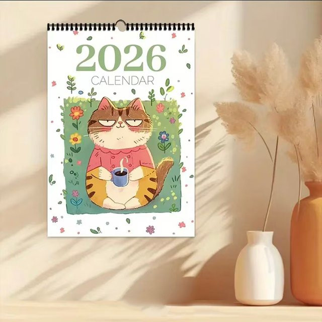 Katzenkalender 2026 Wandkalender mit künstlerischen Katzenfiguren als Monatsplaner in Gelb und Multicolour - Bild 1
