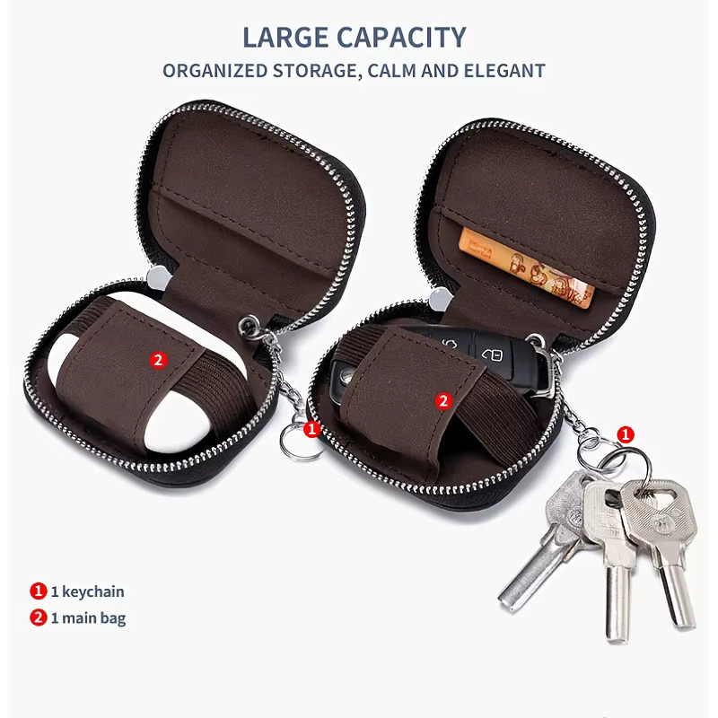 Schutzhülle für Ohrhörer aus PU-Leder in Schwarz mit Netztasche und Schlüsselanhänger - Bild 4