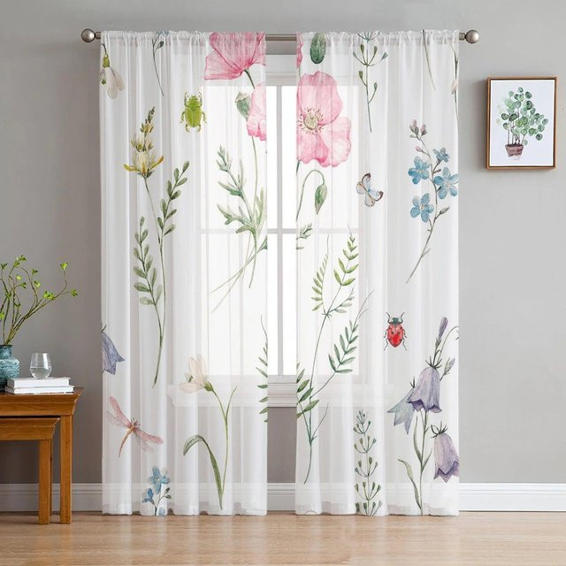 Transparente Tüll-Vorhänge mit Blumenblatt- und Marienkäfer-Design in Weiß, Grün und Rot, Breite: 135 cm, Höhe: 114 cm - Bild 1