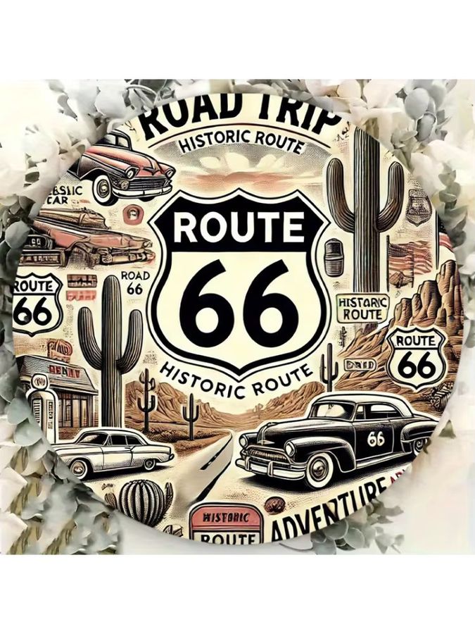 Potdemiel Vintage Route 66 Metallwandschild aus Aluminium, rund, Durchmesser: 20,3 cm, mit klassischen Autos, Kakteen und Road Trip Motiven - Bild 4