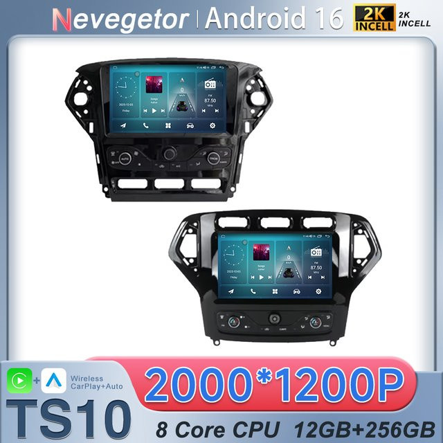Nevegetor Android 16 Autoradio für Ford Mondeo MK4 2007-2014 mit 5G Wifi, GPS-Navigation und QLED HDR Display in Schwarz - Bild 1