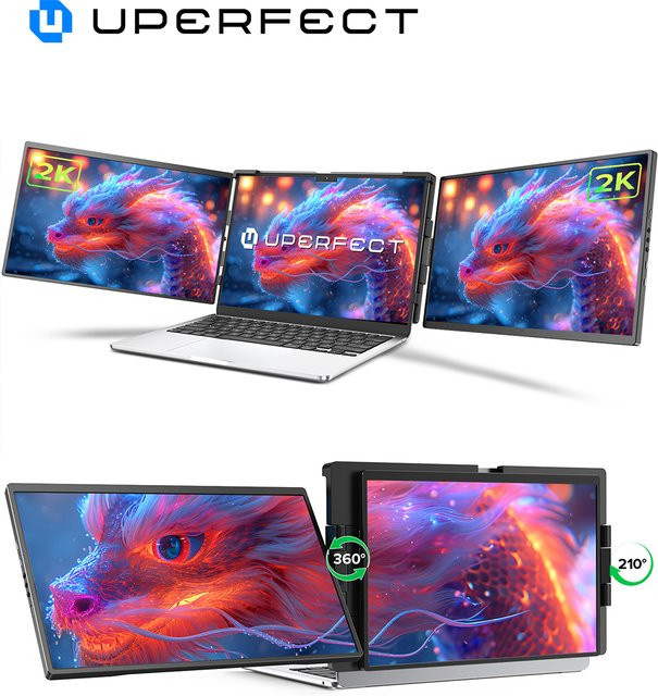 UPERFECT 14 Zoll 2K QHD Dreifach-Tragmonitor mit IPS-Display und drehbarem Ständer, Doppeldisplay-Bildschirmerweiterung für MacOS, Windows und Chrome OS, Farbe: Schwarz - Bild 1
