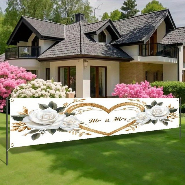 VIKAMA Mr & Mrs Hochzeitsbanner in Weiß und Gold mit Herz-Design für Brautparty, Verlobung und Garten-Dekoration - Bild 1