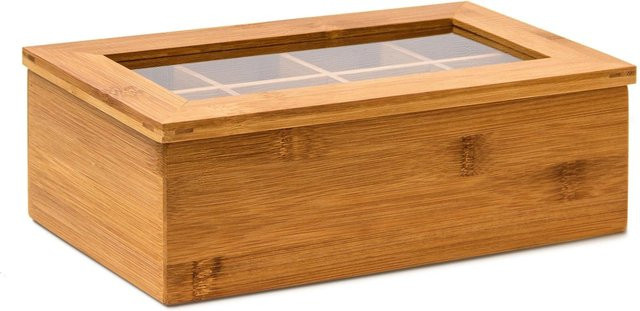 Relaxdays Teebox aus Bambus in Natur, lackiert, luftdicht mit 8 Fächern, B: 28 cm, T: 16 cm, H: 9 cm - Bild 1