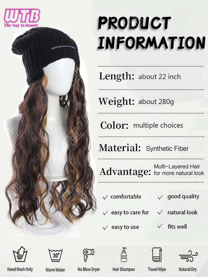 WTB Synthetische Perücke, schwarze Strickmütze mit langen lockigen Haarverlängerungen - Bild 2