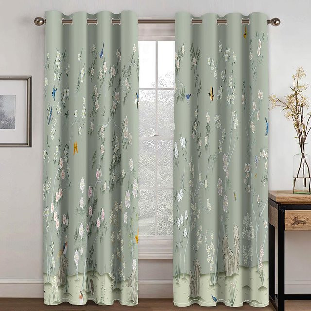Yiran Furniture Vorhang mit 3D Blumen, Vögeln und Ästen in Grün, semi-transparent, Polyester, Breite: 100 cm, Höhe: 130 cm - Bild 1