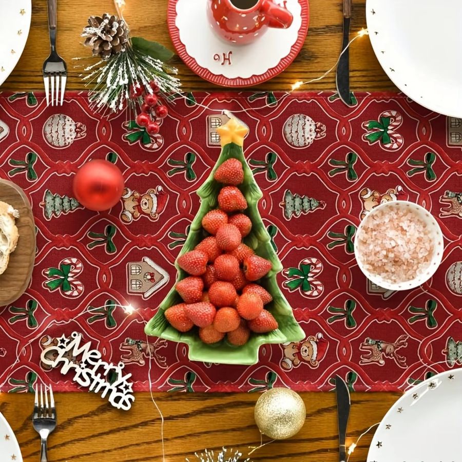 Dokriy Weihnachtstischläufer in Rot und Grün mit Bären, Hirschen, Stechpalmen und Zuckerstangenmustern - Bild 2