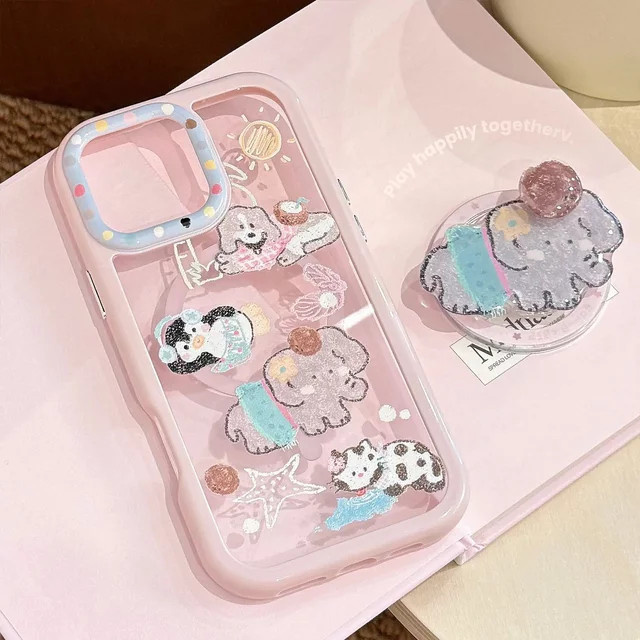 MUQGEW Magnetische iPhone Schutzhülle mit Koreanischem Cartoon Elefant Design, Stoßfeste Klare Acryl Handycase für iPhone 17 16 15 14 13 12 11 Pro Max, Transparent oder Pink - Bild 1