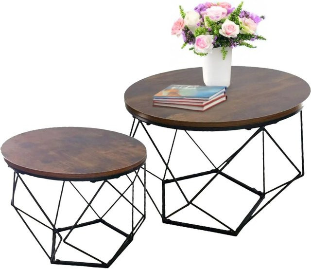 Relaxdays Couchtisch 2er Set im Industrial-Stil aus MDF und Eisen, Schwarz und Vintagebraun, runde Ablageflächen - Bild 1