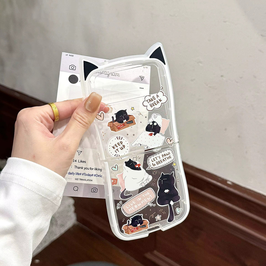 JINHR Handyhülle mit süßem Katzenohren-Cartoon Design für Samsung Galaxy Z Flip6, Z Flip5, Z Flip4 und Z Flip3 in Schwarz inklusive Lanyard - Bild 5