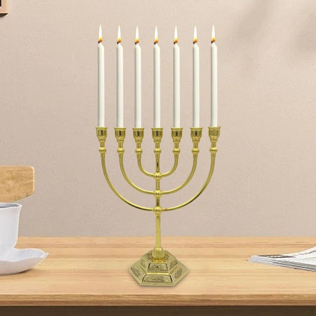 Aureate Menora Kerzenhalter mit 7 Zweigen aus Zinklegierung in Gold, Höhe: 17 cm - Bild 1