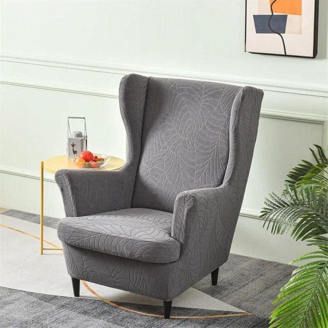Bestbags Blätter Jacquard Ohrensesselbezug in Grau, elastischer und rutschfester Sesselbezug mit Sitzkissenbezügen - Bild 1