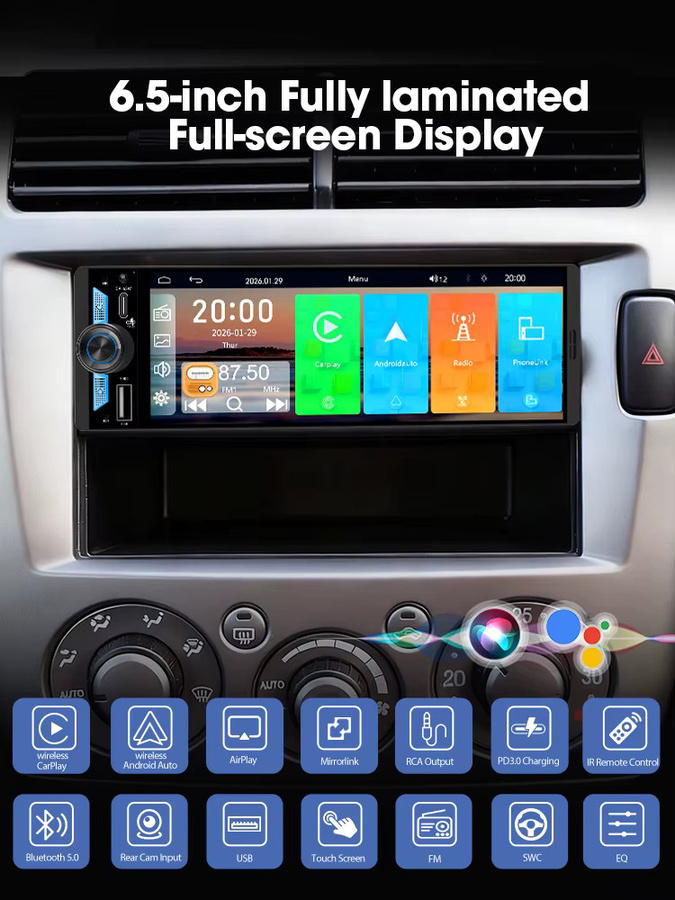 Grandnavi 6,5 Zoll 1Din IPS Autoradio mit kabellosem Carplay, Android Auto und Airplay, Bluetooth, USB-C PD3.0 Schnellladung, Schwarz - Bild 7