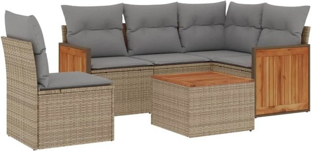 vidaXL 6-tlg Garten-Sofagarnitur aus Polyrattan in Beige mit Kissen und Couchtisch im L-Shape Design - Bild 1