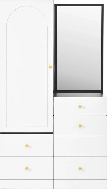 Merax Schminktisch und Kleiderschrank Kombination mit Spiegel und Hocker aus MDF in Matt, Weiß oder Schwarz - Bild 1