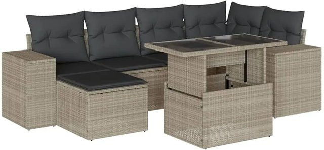 vidaXL 7-teilige Garten-Sofagarnitur in L-Form aus Polyrattan mit Kissen in Hellgrau - Bild 1