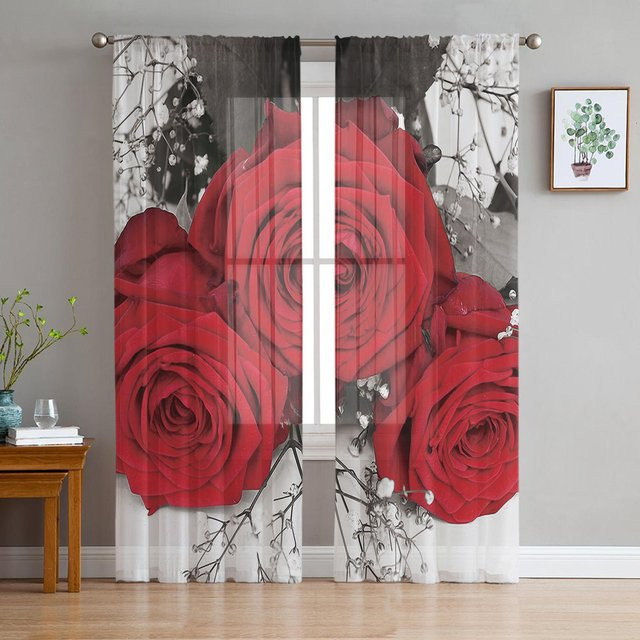 Vintage Transparent Vorhang mit rotem Rosenmuster aus Organza und Tüll, Farbe: Braun, Breite: 135 cm, Höhe: 115 cm - Bild 1