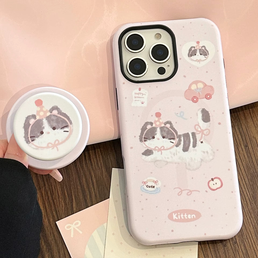 Potdemiel Handyhülle mit rosa Cartoon-Katze und magnetischer Halterung für iPhone 11 bis iPhone 17 Air, stoßfeste weiche Schutzhülle - Bild 4