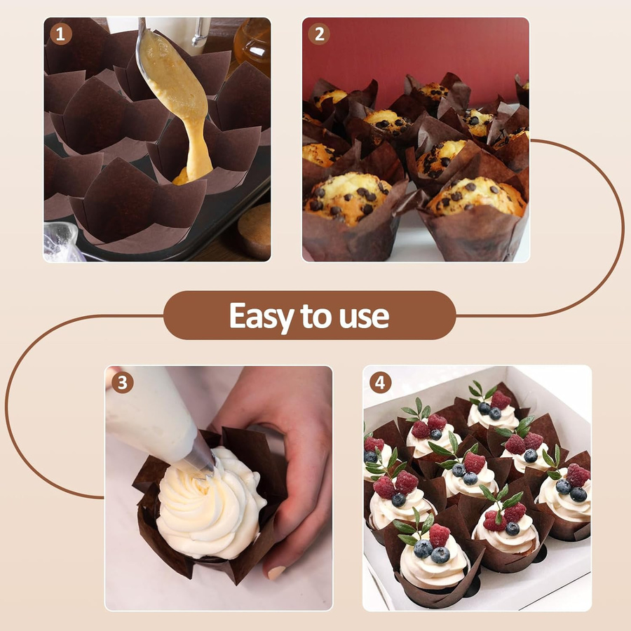 50 Stück Tulip Muffin Cupcake Papierförmchen von JUN JUN in Kaffeebraun und Weiß, Öldichte Backpapier-Liner zum Dekorieren von Kuchen und Muffins - Bild 1