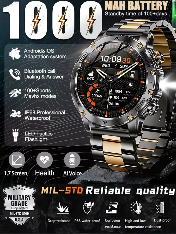 GUHUAVMI Smartwatch für Herren in Schwarz mit 1,7 Zoll AMOLED-Bildschirm, Bluetooth-Anruf, Herzfrequenzmessung und wasserdichtem Outdoor-Militär-Design mit 1000mAh Akku - Bild 9