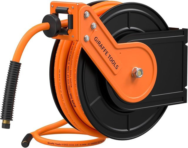 Giraffe Tools Druckluftschlauchtrommel mit Automatik-Aufroller, 15 m Schlauchlänge, 1/4 Zoll Anschluss, 3/8 Zoll Schlauch Ø 9,5 mm, max. 20 bar, Stahlkonstruktion, Farbe: Orange - Bild 1