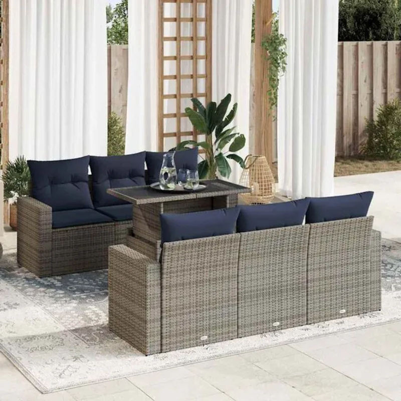 7-teilige moderne Garten-Sofagarnitur aus Poly-Rattan und Akazie in Grau mit Kissen von vidaxl - Bild 1