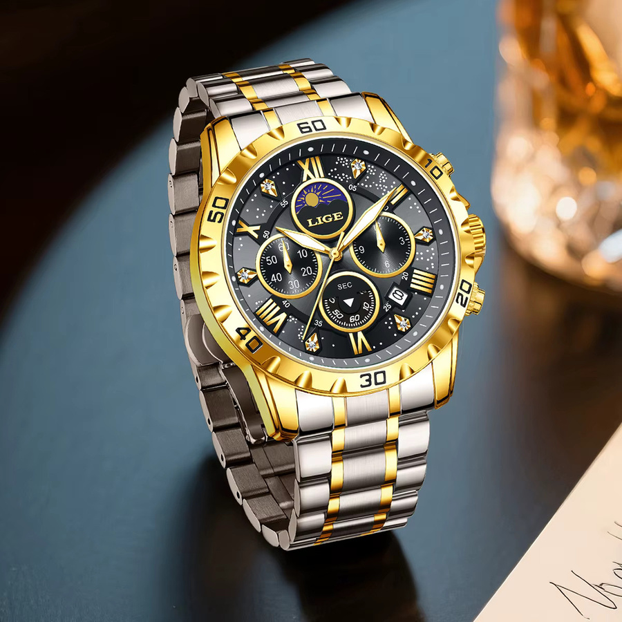 LIGE Chronograph, Quarz, Edelstahl, Schwarz, Herren - Bild 3