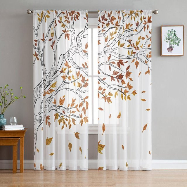 Transparentes Tüll-Voile-Vorhang mit gelbem Blätter-Muster von Household supplies MH, Breite: 135 cm, Höhe: 115 cm - Bild 1