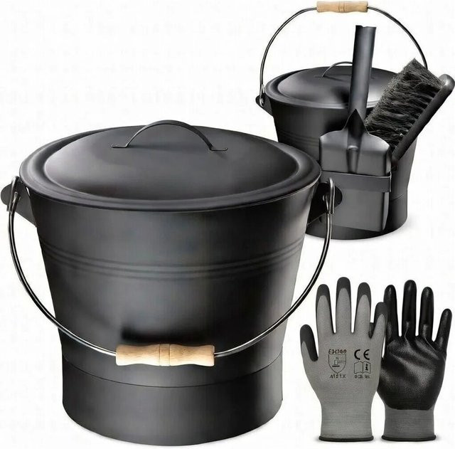 BLACK OAK Ascheeimer LANIN in Schwarz mit Deckel, Schaufel und Besen aus Metall, B/T/H: 28 x 28 x 26 cm - Bild 1
