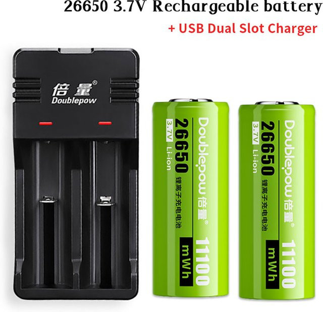 DOUBLEPOW 26650 Li-Ionen-Akku 3,7 V mit 3000 mAh und USB-Ladegerät für Taschenlampen, Solar-Straßenlaternen und Elektrowerkzeuge - Bild 1